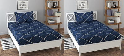 RUSTIC LINEN 144 TC Microfiber Single Printed Flat Bedsheet(Pack of 2, Dark Blue,White)