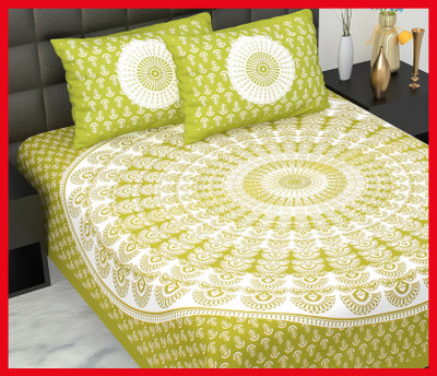 BedZone Cotton Double Flat 210 TC Jaipuri Prints Bedsheet(Pack of 1, Green)
