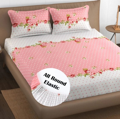 nsnoor Cotton Double Fitted (Elastic) 210 TC Floral Bedsheet(Pack of 1, Pink)