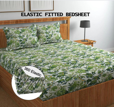 NCS Cotton Queen Fitted (Elastic) 300 TC Floral Bedsheet(Pack of 1, Green)