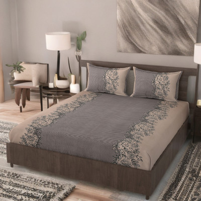 HUESPACE Cotton, Microfiber Double Flat 300 TC Floral Bedsheet(Pack of 1, Brown, Beige)