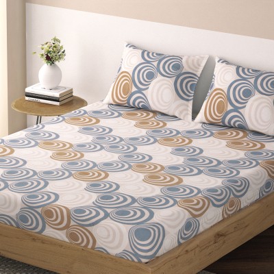 HOKiPO 260 TC Microfiber Queen Geometric Fitted (Elastic) Bedsheet(Pack of 1, Concentric Circle Shadow Blue)