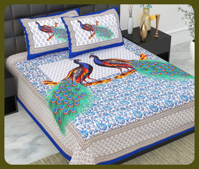 JAIPUR PRINTS Cotton Double Flat 240 TC Jaipuri Prints Bedsheet(Pack of 1, Blue)