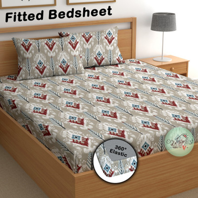 CG Homes Cotton Double Fitted (Elastic) 180 TC Printed Bedsheet(Pack of 1, Grey Multicolor)