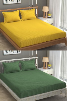 n g products 300 TC Satin Double Striped Fitted (Elastic) Bedsheet(Pack of 2, Yellow & Green)