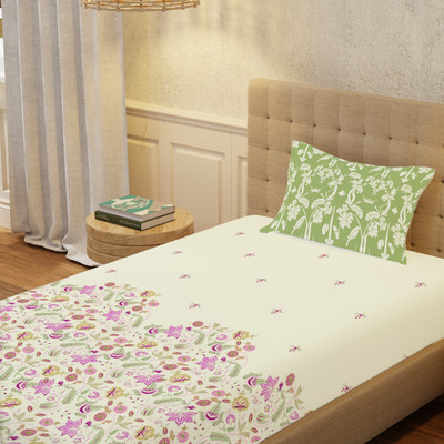 Urban Space Cotton Single Flat 200 TC Printed Bedsheet(Pack of 1, Beige, Green)