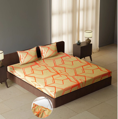 CARLTON LONDON 180 TC Polyester Queen Geometric Fitted (Elastic) Bedsheet(Pack of 1, Beige)
