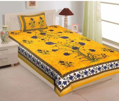 BLFR 300 TC Cotton Single Jaipuri Prints Flat Bedsheet(Pack of 1, Yellow, Blue)