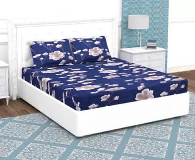 TURIYA Microfiber Double Fitted (Elastic) 180 TC Printed Bedsheet(Pack of 1, Blue)