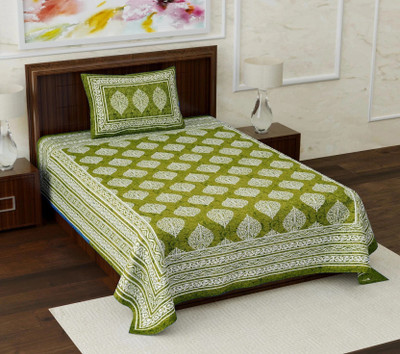 BharatLinen Cotton Single Flat 144 TC Jaipuri Prints Bedsheet(Pack of 1, Olive Green)