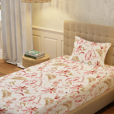 Urban Space Cotton Single Flat 200 TC Printed Bedsheet(Pack of 1, Floral Feast Peach)