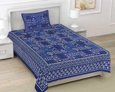 FrionKandy Living 180 TC Cotton Single Jaipuri Prints Flat Bedsheet(Pack of 1, Indigo Blue)