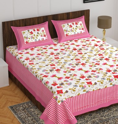 hntraders 144 TC Cotton Double Floral Flat Bedsheet(Pack of 1, Pink)