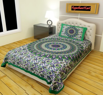 RajasthaniKart 110 TC Cotton Single Floral Flat Bedsheet(Pack of 1, Green)