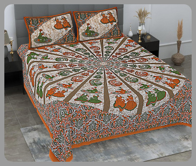 BedZone Cotton Double Flat 240 TC Jaipuri Prints Bedsheet(Pack of 1, Brown)