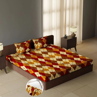 CARLTON LONDON Cotton Queen Fitted (Elastic) 104 TC Geometric Bedsheet(Pack of 1, Multicolor78)