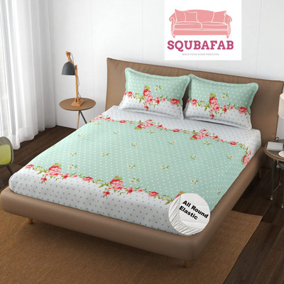 SQUBAFAB Cotton King Fitted (Elastic) 210 TC Printed Bedsheet(Pack of 1, GreenCenterFlower)