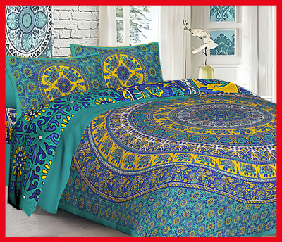 BedZone Cotton Double Flat 230 TC Jaipuri Prints Bedsheet(Pack of 1, Sea green)