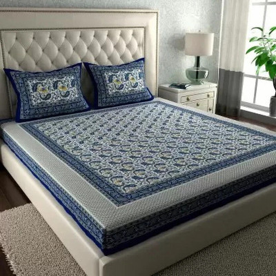 Poorak 104 TC Cotton Double Jaipuri Prints Flat Bedsheet(Pack of 1, Paisley Blue)