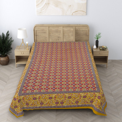 Texstylers 144 TC Cotton Single Jaipuri Prints Flat Bedsheet(Pack of 1, Yellow, Maroon)