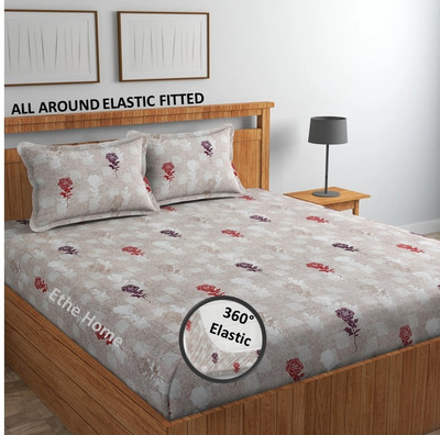 Ethe Home 280 TC Cotton Single Printed Fitted (Elastic) Bedsheet(Pack of 1, Peach)