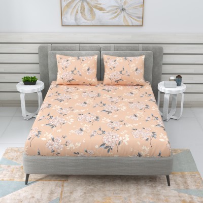Dream Weavers 210 TC Cotton King Floral Flat Bedsheet(Pack of 1, Peach)