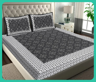 BedZone Cotton Double Flat 210 TC Jaipuri Prints Bedsheet(Pack of 1, Black)