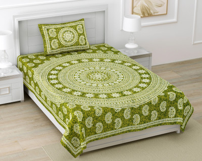Dreamsoft Cotton Single Flat 144 TC Jaipuri Prints Bedsheet(Pack of 1, Greenn)