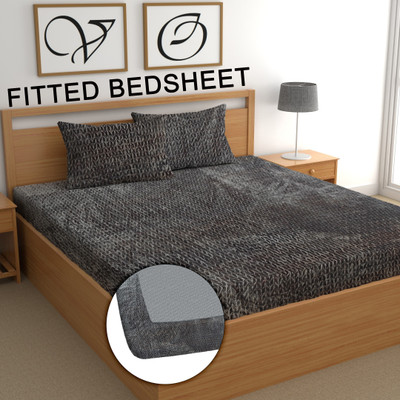 CG Homes 210 TC Woolen Double Abstract Fitted (Elastic) Bedsheet(Pack of 1, Grey)