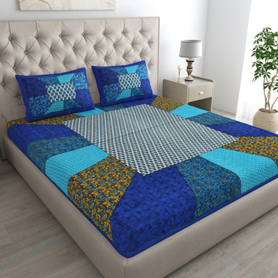 HYNA HOMM Cotton Double Flat 144 TC Jaipuri Prints Bedsheet(Pack of 1, Blue)