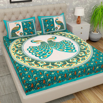 Cosito 144 TC Cotton Double Jaipuri Prints Flat Bedsheet(Pack of 1, Green, White)