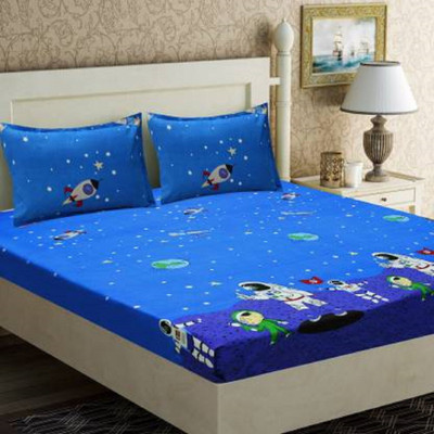 precise fabrics 250 TC Microfiber Double Printed Fitted (Elastic) Bedsheet(Pack of 1, Dark Blue)