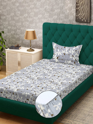 Klotthe 300 TC Polycotton Single Printed Fitted (Elastic) Bedsheet(Pack of 1, Grey)