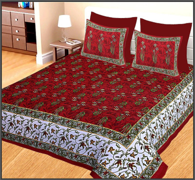Leo Creation 144 TC Cotton Double Jaipuri Prints Flat Bedsheet(Pack of 1, Red)