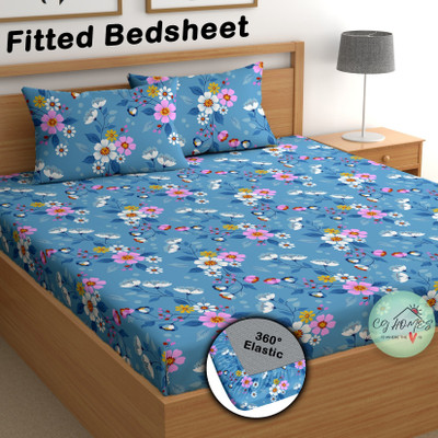 CG Homes 200 TC Cotton Double Printed Fitted (Elastic) Bedsheet(Pack of 1, Blue)