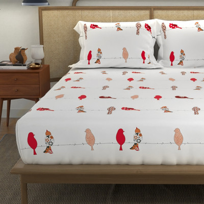 Urban Space 144 TC Cotton King Printed Fitted (Elastic) Bedsheet(Pack of 1, Humming bird Red)