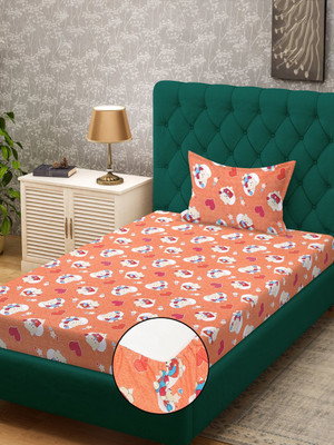Klotthe 400 TC Cotton Single Printed Fitted (Elastic) Bedsheet(Pack of 1, Orange)