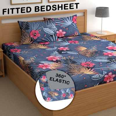 CG Homes Microfiber King Fitted (Elastic) 210 TC Printed Bedsheet(Pack of 1, Blue)