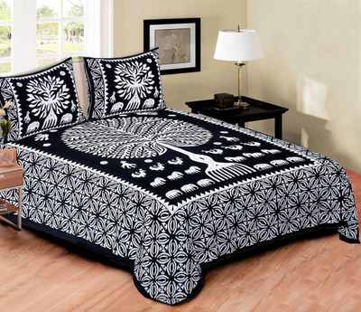 KANDY SHOP Cotton King Flat 250 TC Floral Bedsheet(Pack of 1, Black White Tree)