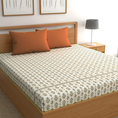 CHHAVI INDIA Microfiber Double Flat 210 TC Printed Bedsheet(Pack of 1, Orange & Cream)