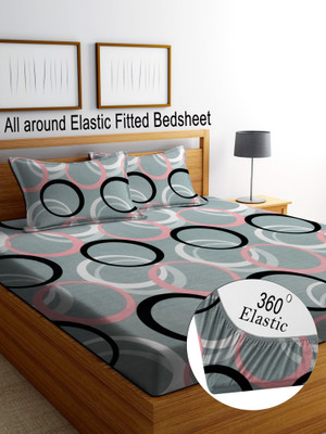 RisingStar Cotton Double Fitted (Elastic) 250 TC Printed Bedsheet(Pack of 1, sk_round_circle_Double)