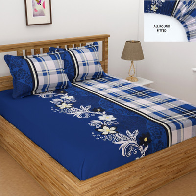 BELVOSTUM 300 TC Microfiber Double 3D Printed Fitted (Elastic) Bedsheet(Pack of 1, Navy Blue)