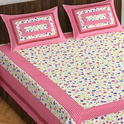 Indian Royal Fashion Cotton Double Flat 144 TC Jaipuri Prints Bedsheet(Pack of 1, Pink)