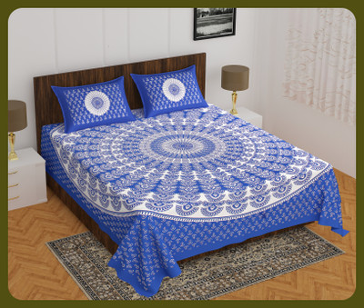 JAIPUR PRINTS Cotton Double Flat 240 TC Jaipuri Prints Bedsheet(Pack of 1, Blue)