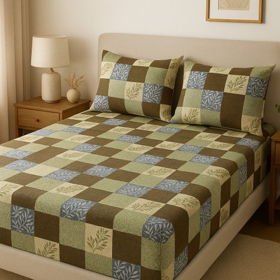parth 300 TC Cotton Double Geometric Fitted (Elastic) Bedsheet(Pack of 1, GREEN BROWN ND GREY)