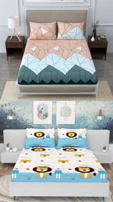 VORDVIGO 220 TC Cotton Queen Abstract Fitted (Elastic) Bedsheet(Pack of 2, Multicolor)