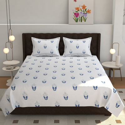 Inhabits Cotton Super King Flat 300 TC Printed Bedsheet(Pack of 1, White & Blue)