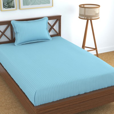 Homefab India 140 TC Cotton Single Striped Flat Bedsheet(Pack of 1, Light Blue)