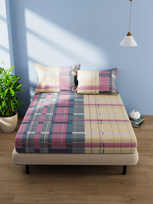 Bianca Cotton Double Flat 144 TC Checkered Bedsheet(Pack of 1, YELLOW/GRAPE)