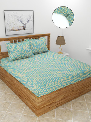 MORADO 210 TC Polycotton Double Geometric Fitted (Elastic) Bedsheet(Pack of 1, Green)